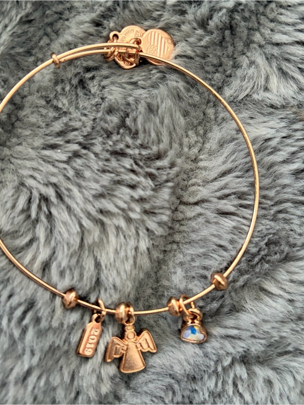 Alex and Ani Rose Gold Angel Charm Bangle with Blue Accent Charm